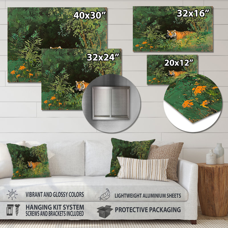 Tigre dans la forêt tropicale II - animaux, décoration murale en métal, impression de tigre, H 28 po x l 60 po