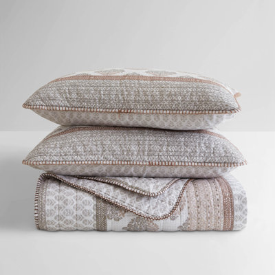 3-Piece King/Cal King Cotton Reversible Quilt Set, Blanket Stitch Detail, Clay