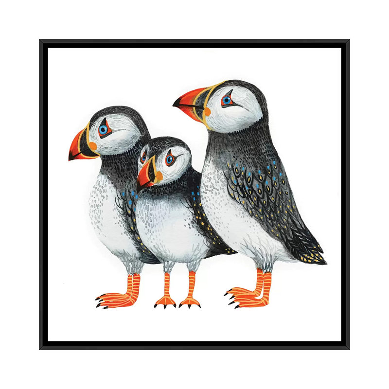 « puffins », reproduction sur toile, H 18 po x l 18 po x P 1,5 po, Toile avec cadre flottant noir, Pas de tapis