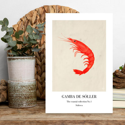 Bord de mer, crevette rouge, animal minimaliste, plage, art mural