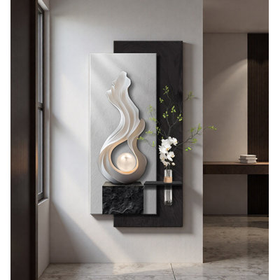 Vertical Entryway Frameless Sandstone Mural, Double-Layer Base LED Light Wall Art with Vase Shelf