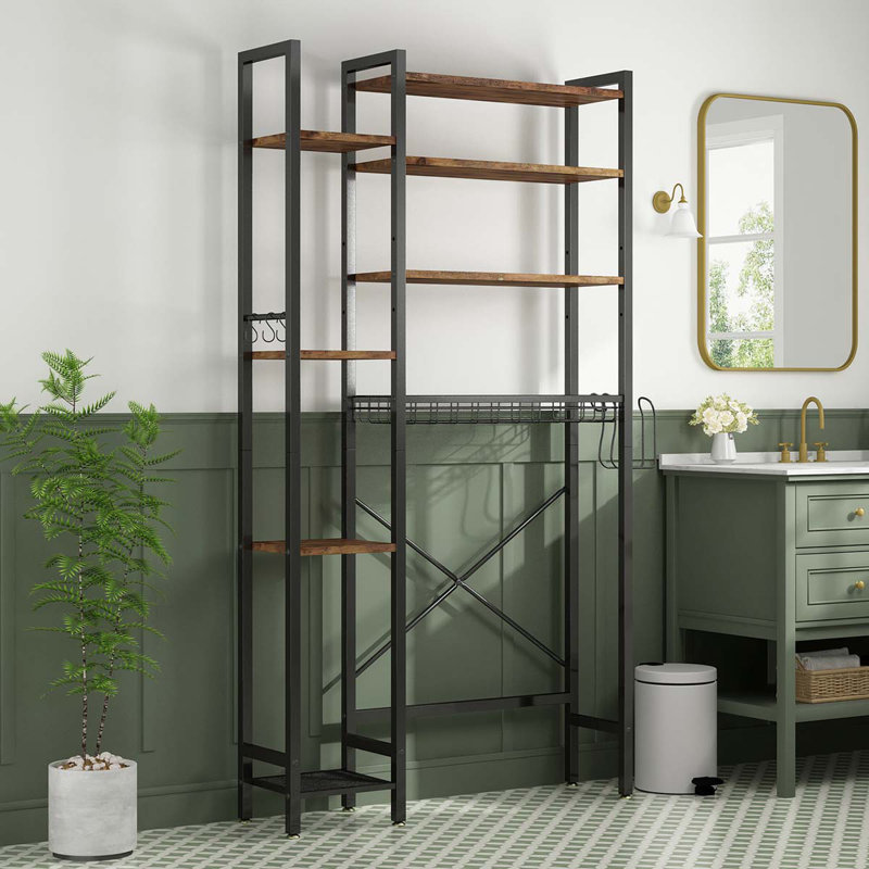 Rangement au-dessus de la toilette à 8 niveaux avec support latéral - brun rétro, tablette réglable et panier de drain pour la salle de bain