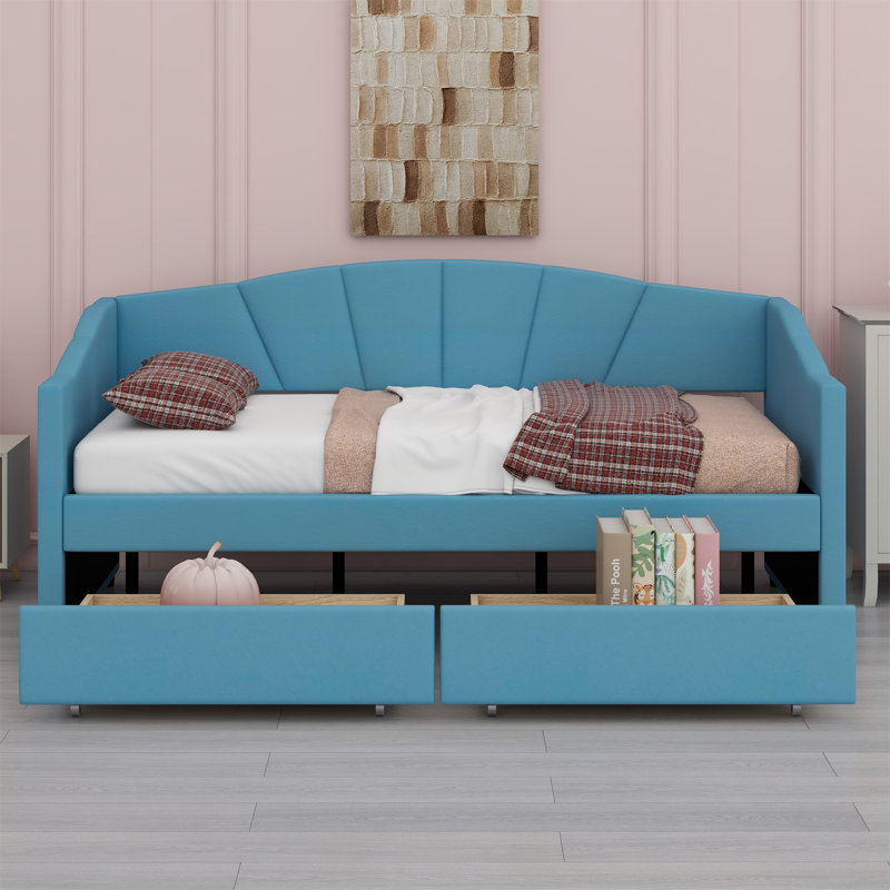 Upholstered Daybed With Two Drawers, Blue