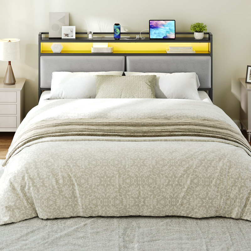 Makieh Upholstered Headborad with Charging Station and Led Lights, King