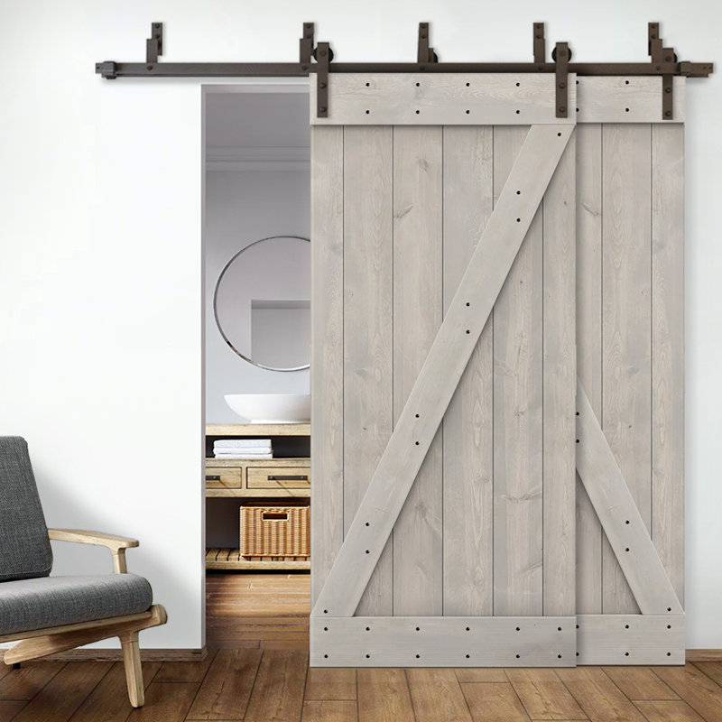 Porte de grange à panneaux et en bois avec quincaillerie d'installation, 40 po x 84 po, Gris argenté