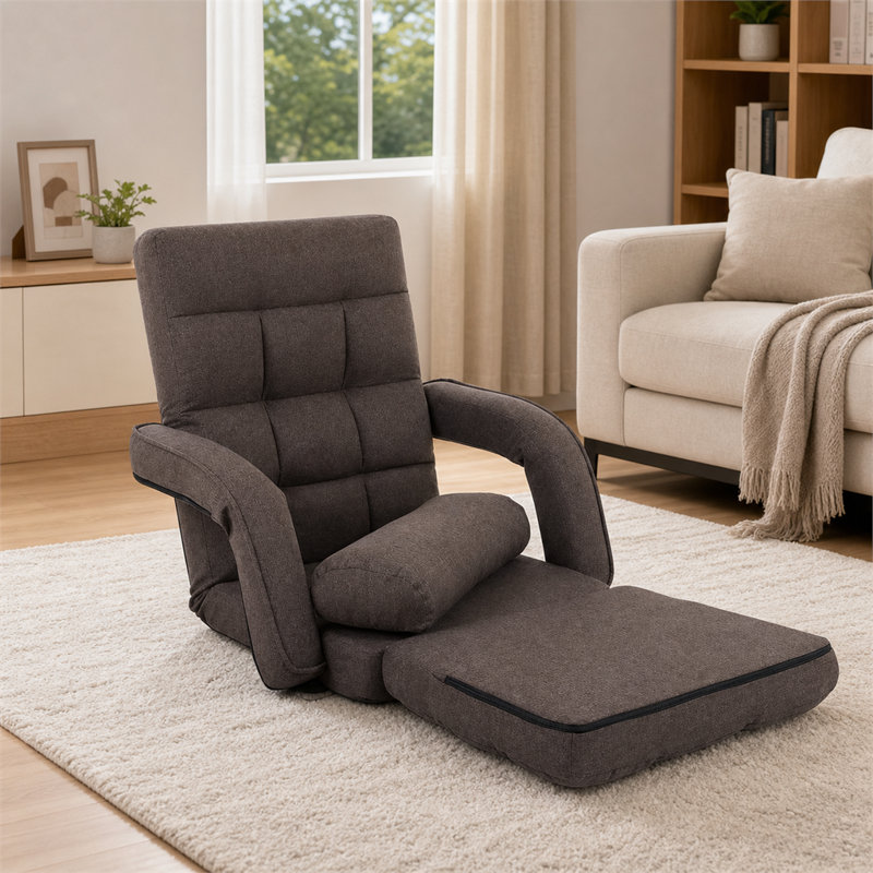 Méridienne réglable à 14 positions, pliable, avec accoudoirs et coussin, tissu en lin, brun, Lin brun, Brun