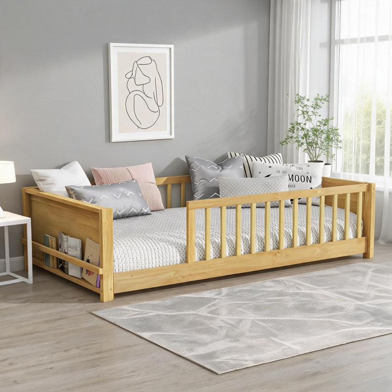 Lit plateforme intégré avec support pour livres, lit simple en bois d'hévéa naturel compact