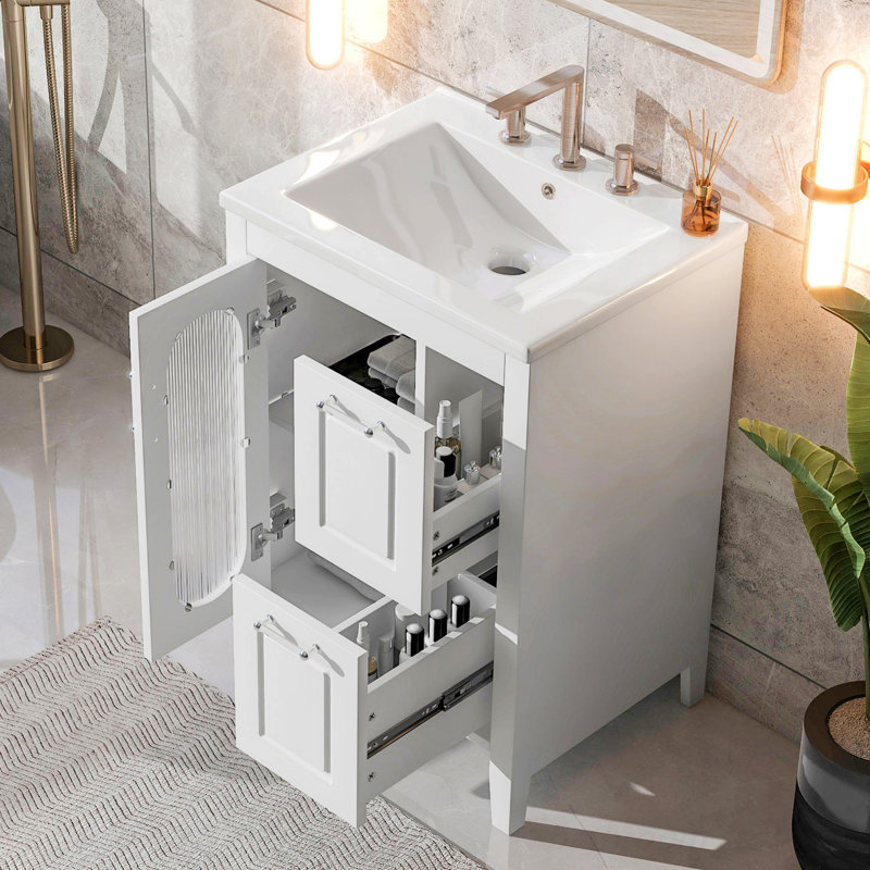 Bathroom Vanity With Smooth Ceramic Sink, Bathroom Vanity Cabinet With Drawers And Adjustable Shelf