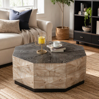 Table basse octogonale, table centrale en bois de style rétro de 96,5 cm (38 po) avec motif en relief tridimensionnel, table basse ronde rustique pour salon ou maison