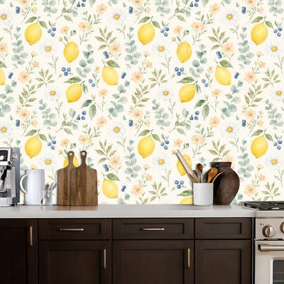Peel and Stick Wallpaper Peony yellow flowers lemon fruits green leaves white floral Seamless Contact Paper Removable Self Adhesive Wall Mural Wall Decor for Bedroom Kitchen Cabinets 17.7in x 118in