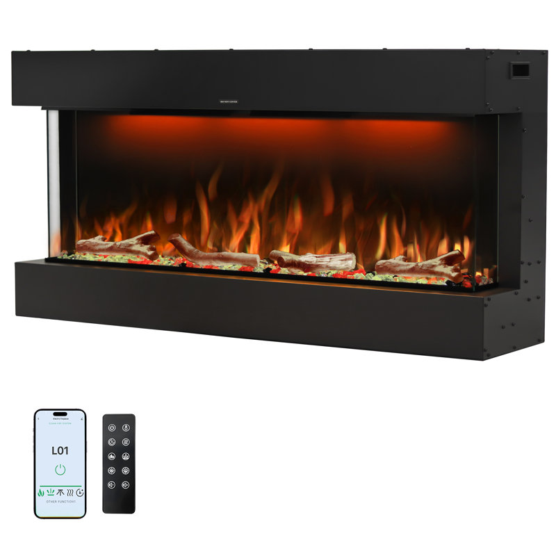 Modern Smart Wifi 3 Sided Electric Fireplace Insert, Built In Wall Mounted Heater With Timer Thermostat, Muiti Flame Fuel Bed Colors And Top Lights, Adjustable Sound Volume, Logs And Crystals