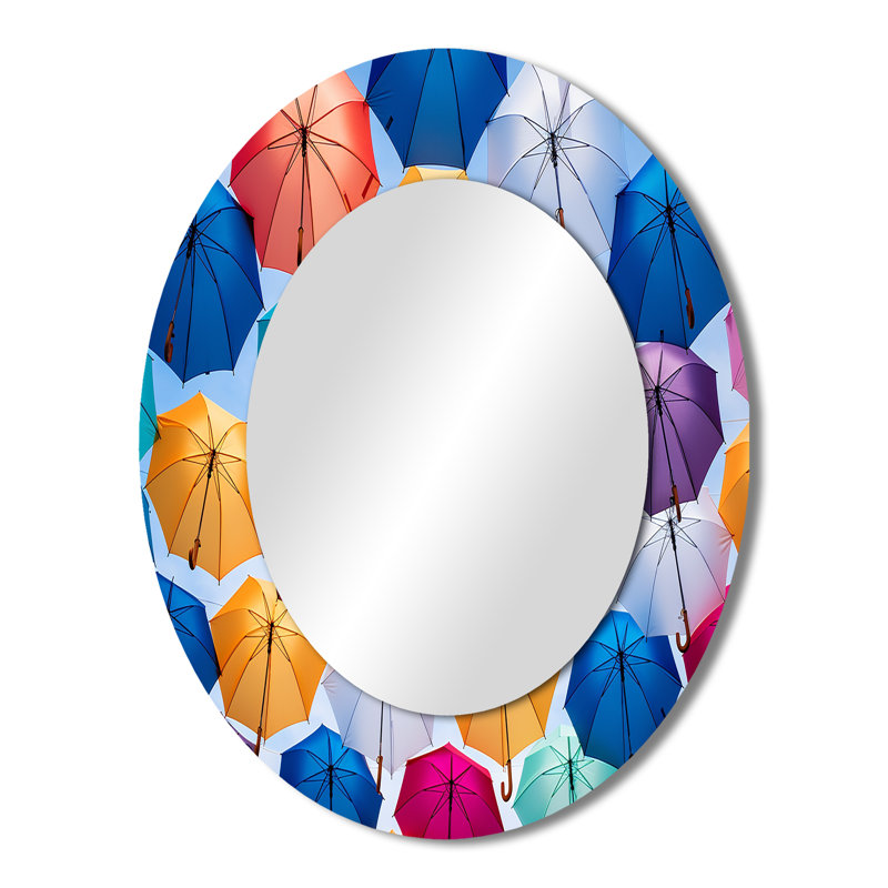 Sky Full Of Colorful Umbrellas I - Multi-Color Oval Wall Mirror Decor, 43" H x 33" W