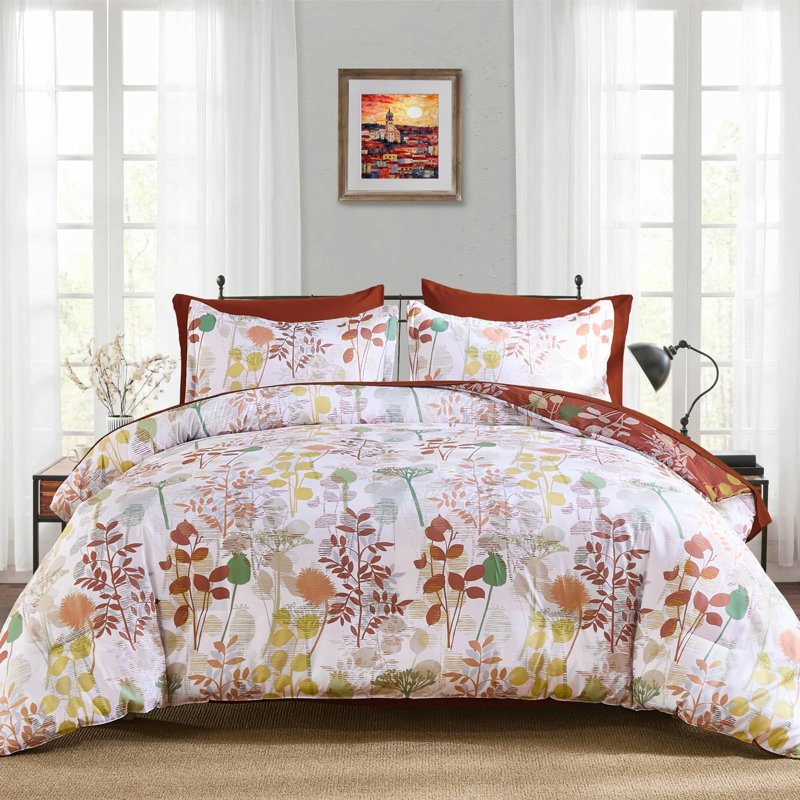 Ensemble d'édredon 7 pièces Botanical, lit complet toutes saisons dans un sac avec draps et taies d'oreiller, Floral orange