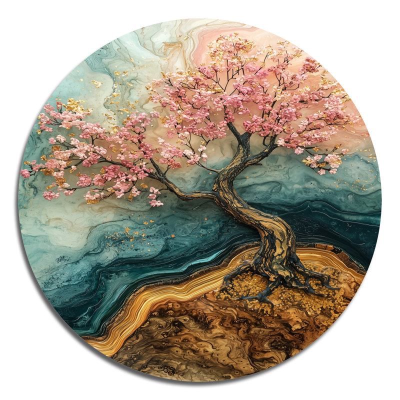 Fleur de cerisier doré jardin de beauté éphémère I - Art mural traditionnel rose en métal, H 16 po x l 16 po