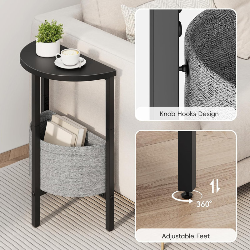 Side Table, Small Round End Table With Fabric Basket, Set Of 2 Half Round Side Table Half Moon Tables, Round Accent Coffee Table, Tea Sofa Table Nightstand For Living Room Bedroom Small Space