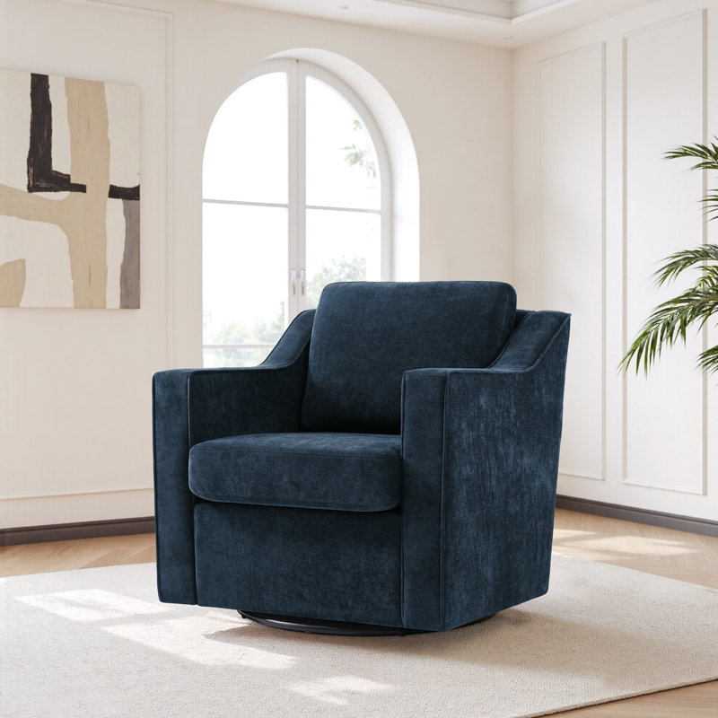 Bronnen Big And Wide Upholstered Cushion Swivel Armchair with Removable Back and Seat Cushion, Navy Chenille, Chenille