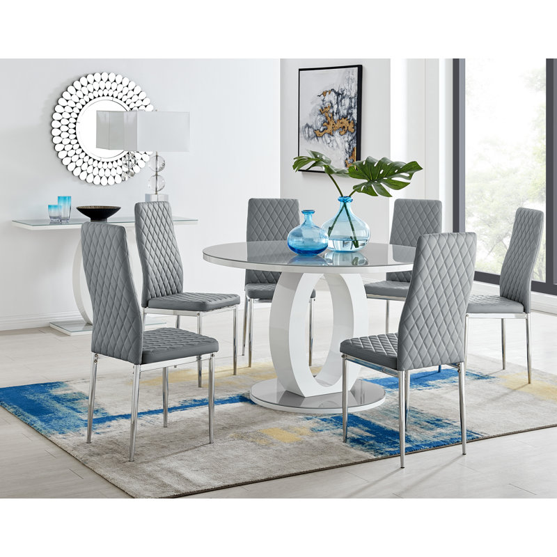 Scottsmoor 6 Seater High Gloss Round Dining Table Set with 6 Luxury Faux Leather Dining Chairs, Gray/Silver, Gray