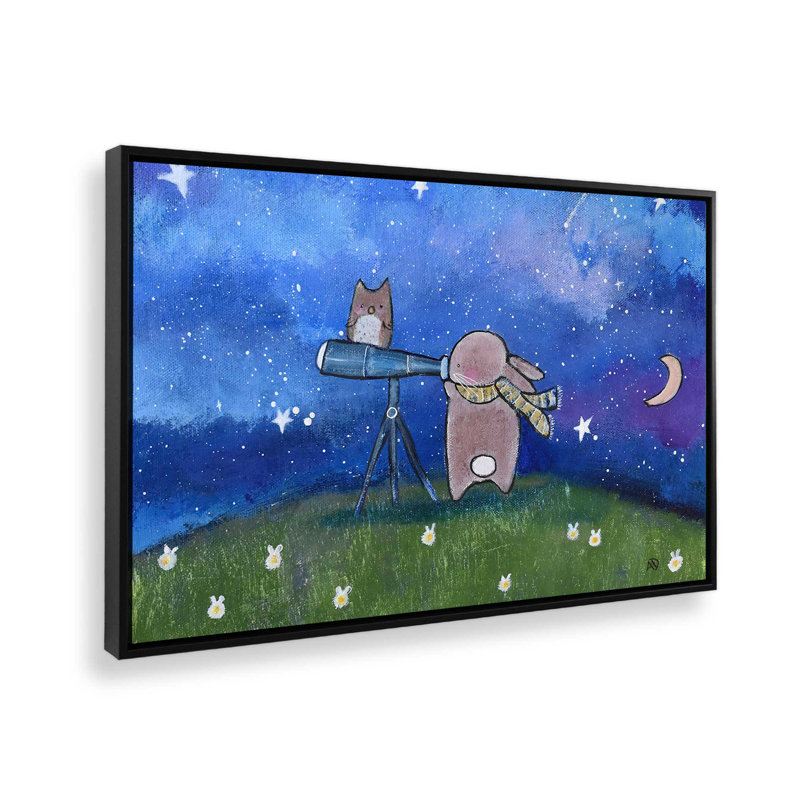 Nuit des lapins aux étoiles, H 12,75 po x l 18,75 po, Toile avec cadre, Noir satiné