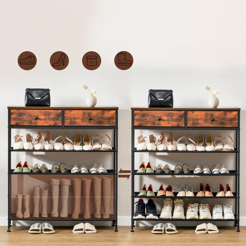 Rustic Brown 5-Tier Shoe Rack with Fabric Shelves and Wooden Top