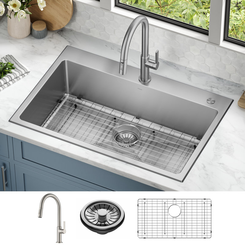 KRAUS Standart PRO 33” Drop In / Undermount Single Bowl 18-Gauge Stainless Steel Kitchen Sink And Pull Down Faucet In Spot-Free Stainless Steel