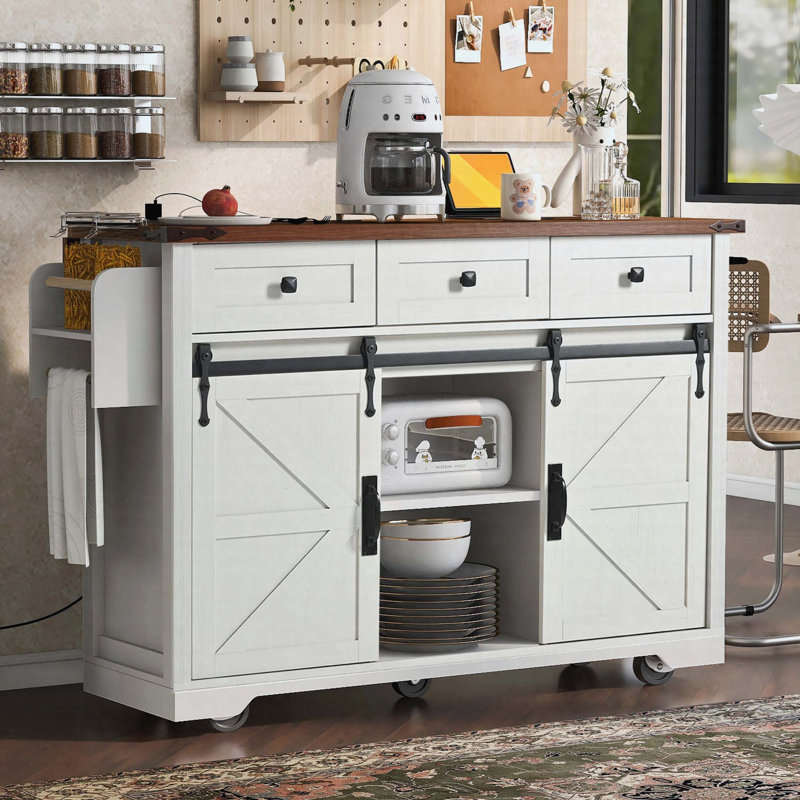 53.7" Farmhouse Kitchen Island with Power Outlet, 2 Sliding Barn Door Kitchen Storage Island with Drop Leaf, Spice Rack Rolling Kitchen Cart on Wheels, for Home, Kitchen and Dining Room, White