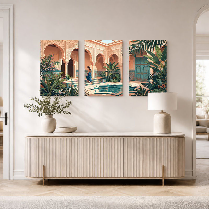 Art mural marocain, cour marocaine avec porte turquoise et palmiers, 36"H x 24"W x 3pcs