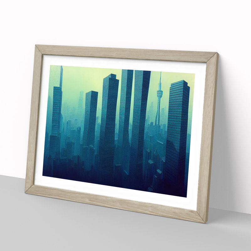 A Radiant Skyscraper Skyline - Single Picture Frame Print, 46cm H x 64cm W x 2cm D, Oak Framed