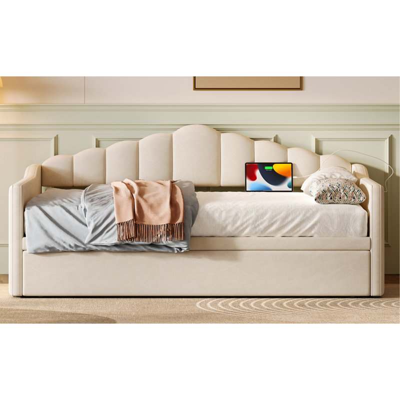 Upholstered Twin Size Daybed With Adjustable Height Pop Up Trundle Twin Bed And USB & Type-C Charging Port, Day Bed Frame With 2 Side Pockets, No Box-Spring Needed, Beige