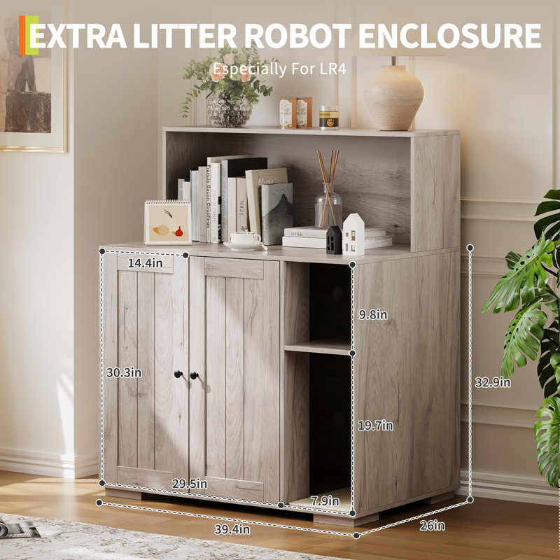 Très grande armoire à chat cachée pour litière avec tablette réglable et prise de charge, Grey