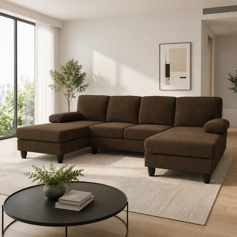 4 Seater Fabric Chaise End Sofa, Coffee