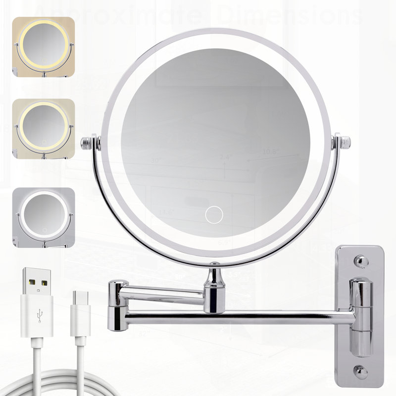 Miroir de maquillage mural avec batterie rechargeable 1000 mAh, grossissement 1 / 10X, 3 lumières colorées, à intensité variable et rotation sur 360 °