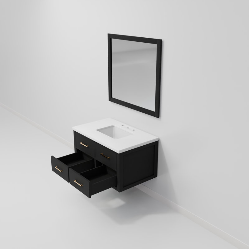 Meuble-lavabo simple l 36 po x P 22 po et miroir 34 po Castor, Noir, Quartz blanc