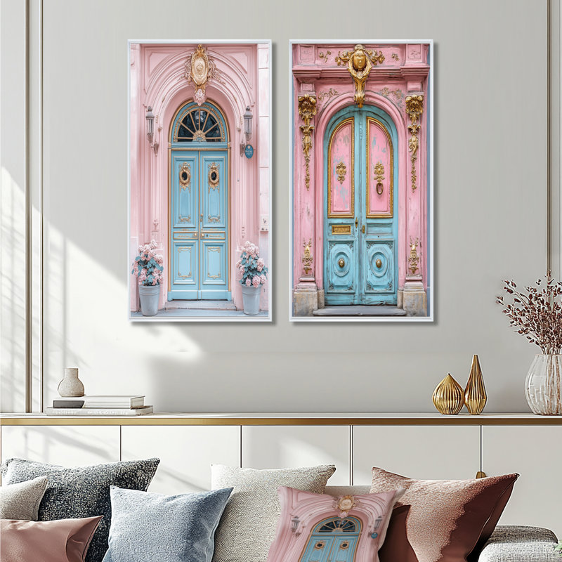«Pink Parisian Whimsy Door Photo I - City Paris Wall Art», ensemble de 2 pièces, H 32 po x l 32 po, Cadre flottant blanc