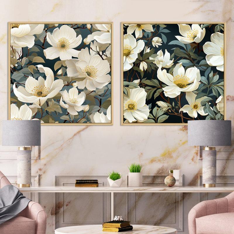 Menifee - Ensemble de 2 collages carrés floraux, Cadre flottant brun, H 36 po x l 73 po