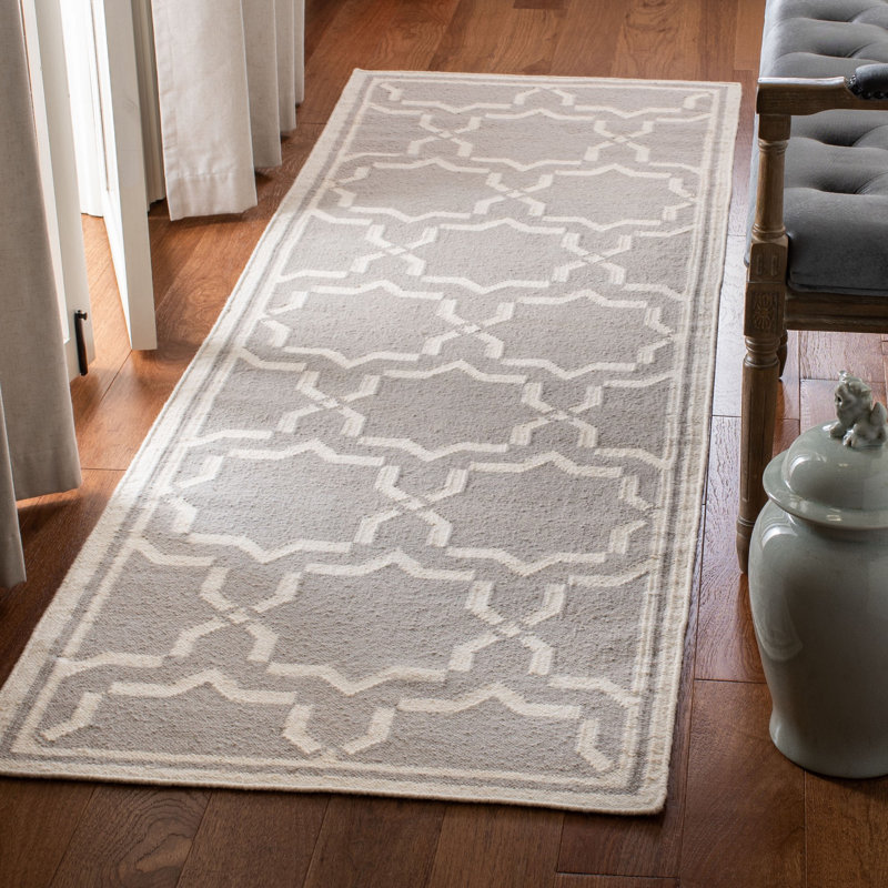 Rodgers Hand Woven Flat Weave Wool/Cotton Geometric Rug in Gray/Ivory, Runner 2'6" x 12'