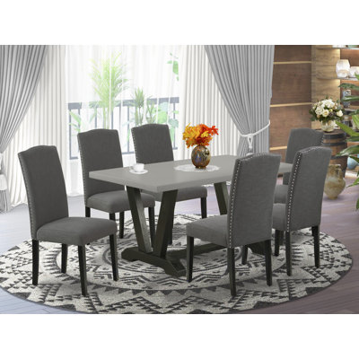 7-Pc Dining Room Set – 6 Dark Gotham Grey dining room chairs and a Cement Dining Room Table - Wire Brushed Black Finish