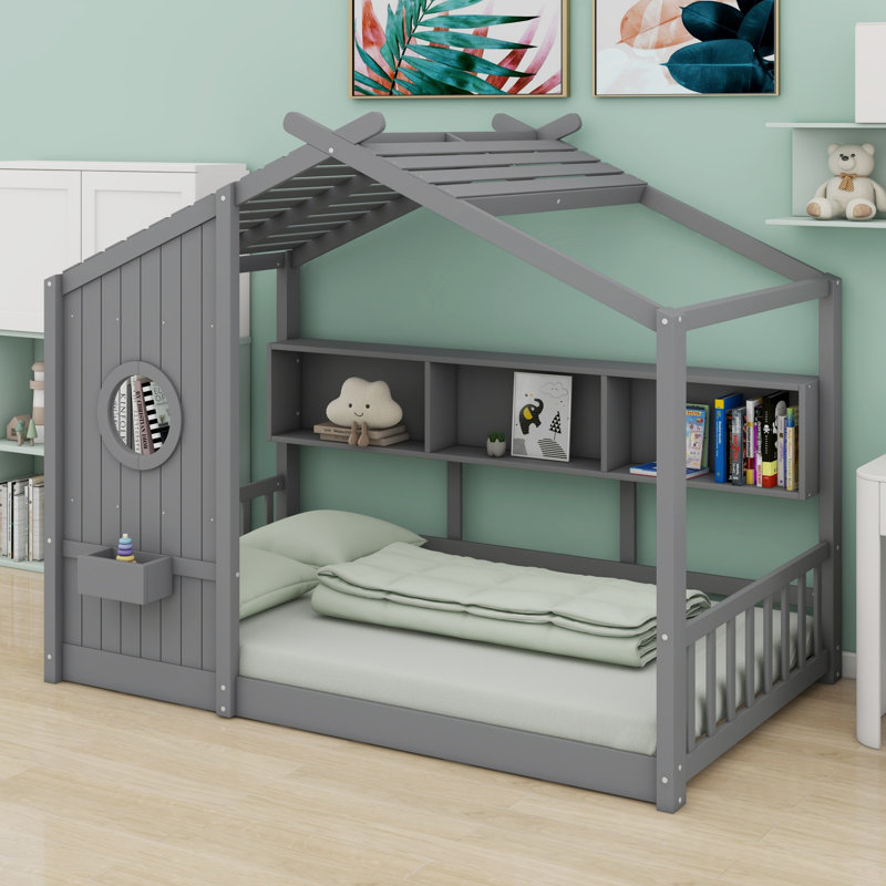 Lit sur pied avec tablette de rangement, Gris, Lit simple