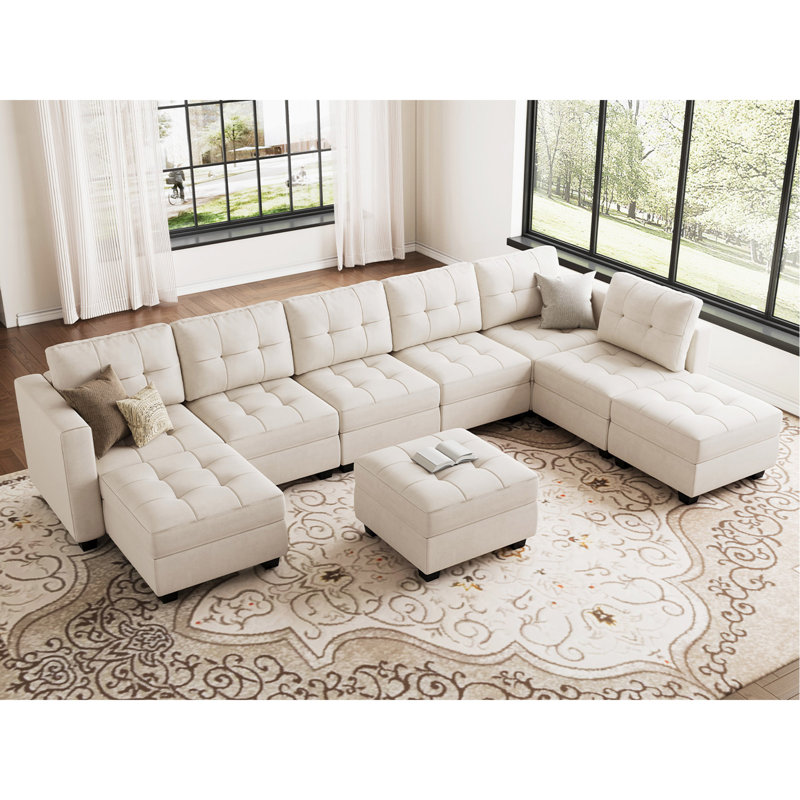 Soneson 143'' Wide Free Combined Tufted Velvet Sectional Sofa with Storage and Adjustable Backrest, Beige Velvet