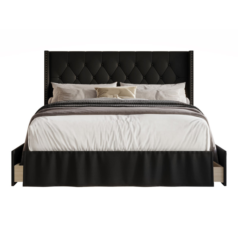 Javionte Upholstered Wingback Storage Bed, Full, Black