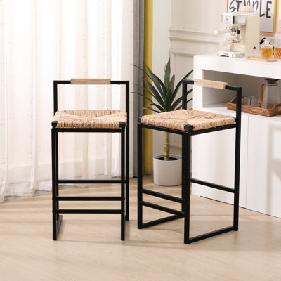 Lot de 2 tabourets de bar à dossier tressé en jacinthe d'eau - Chaises de comptoir élégantes pour salle à manger, bureau ou cuisine - Dimensions : 42 cm (L) x 39 cm (l) x 80 cm (H)