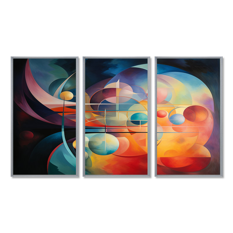 Ensemble de salon Rainbow Moons Retro Geometrics - Abstract Landscape Wall Art, Encadrement argenté