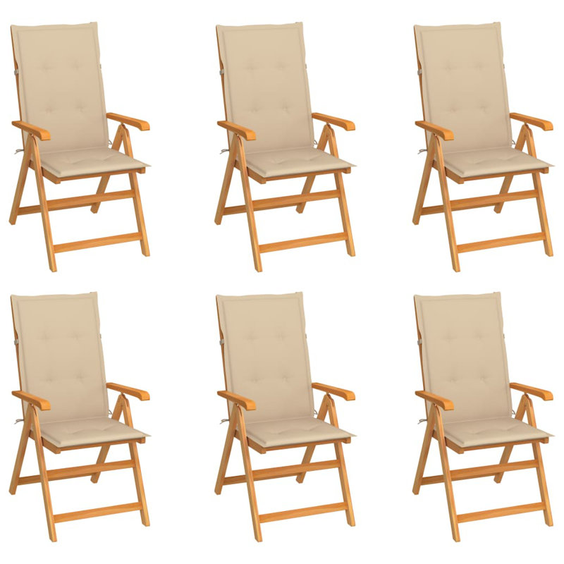 6 chaises de patio vidaXL avec coussins beiges en bois de teck massif, Beige, 6