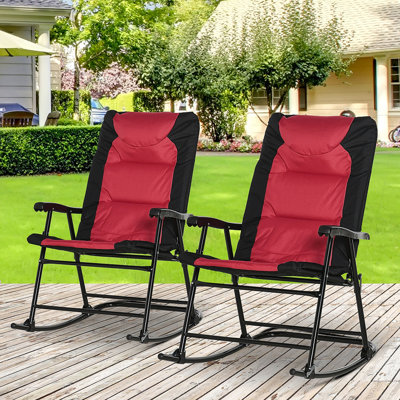 Chaises berçantes d'extérieur pour patio - 2 chaises rembourrées pliantes rouges. Pour le porche, le camping et le balcon. Ergonomique. Tissu, structure en acier, meubles à bascule d'une capacité de 265 lb avec sièges rembourrés, pour balcon