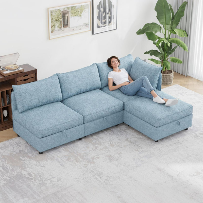 Canapé modulaire 4 places modulaire avec rangement caché, canapé convertible avec coussins moelleux, Polyester bleu