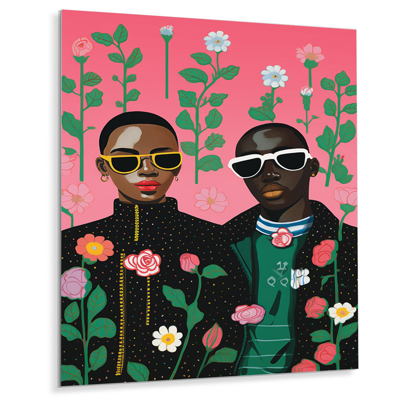 Cool, art urbain africain d'adolescentes fleurs sur fond rose - campagne, art mural de salon, Sans cadre, H 32 po x l 24 po