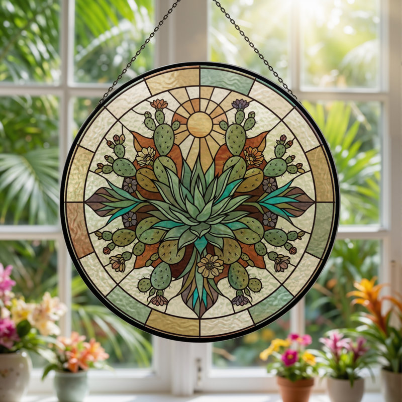 Succulent Sunburst Stained Glass Window Panel，12"H, 12"H