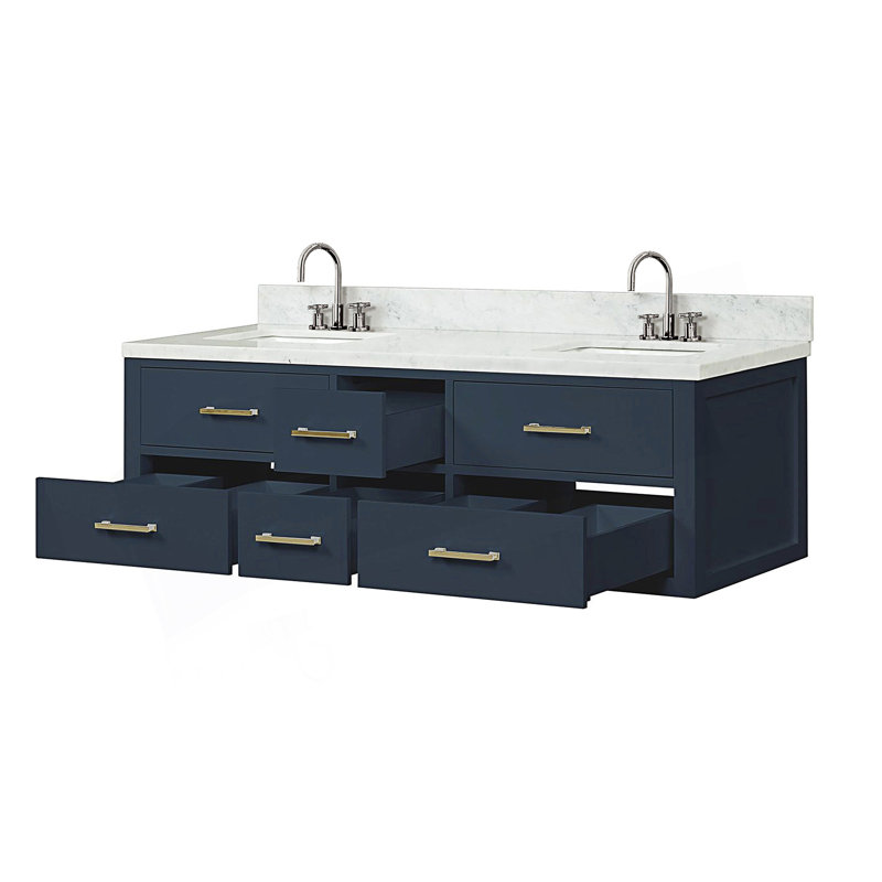 Design moderne 60 po X P 22 po Ensemble de meuble-lavabo double D avec comptoir en marbre de Carrare et robinet, 60"