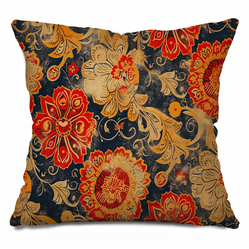 Coussin floral, sergé de coton bohémien, H 16 po x l 16 po