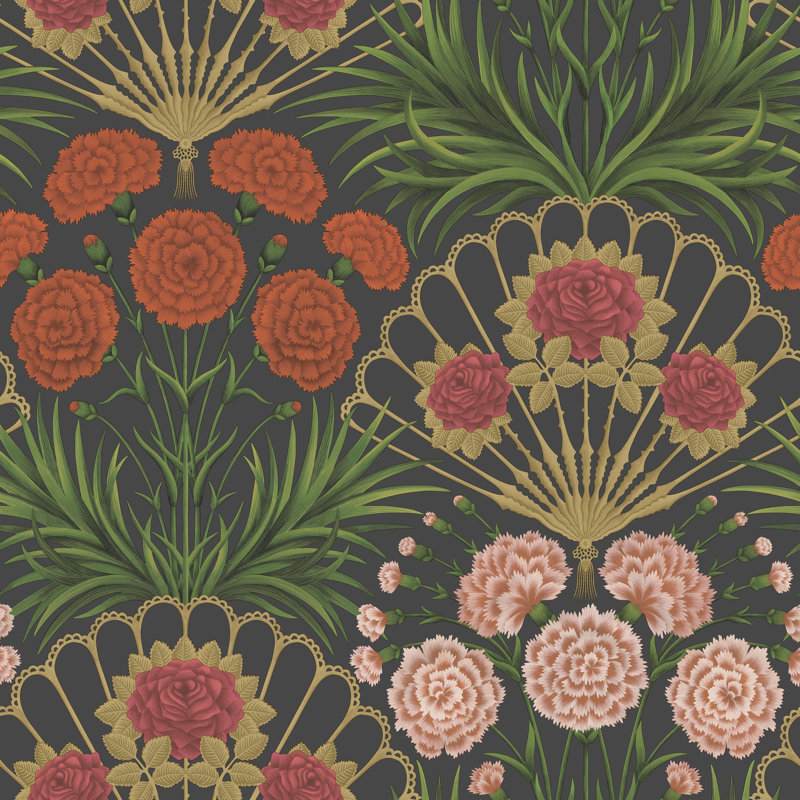 Floral Wallpaper Roll, Cerise/Dark Tangerine/Gold/Black