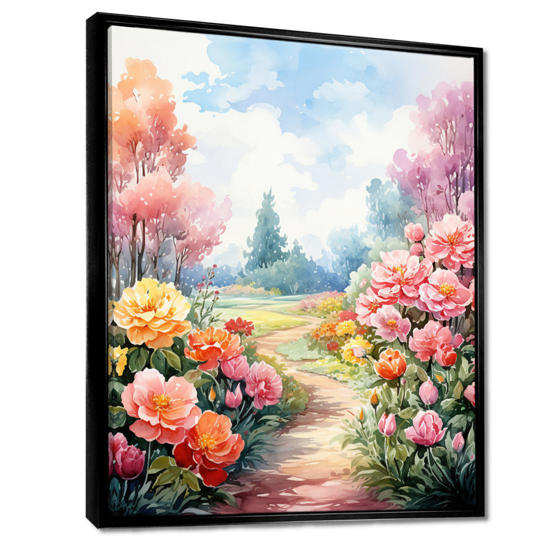 Rose, chemin floral de campagne - salon d'art mural floral, Cadre flottant noir, bois massif, H 40 po x l 30 po